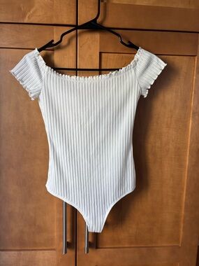 Lovers + Friends White Ribbed Off-Shoulder One-Piece Bodysuit